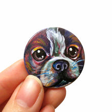 Load image into Gallery viewer, a wood disc is hand painted with a portrait of a boston terrier dog in rainbow colours. it's available as a wood keepsake, magnet or pendant necklace
