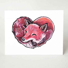 Load image into Gallery viewer, a greeting card with art of a sleeping red fox, forming the shape of a heart
