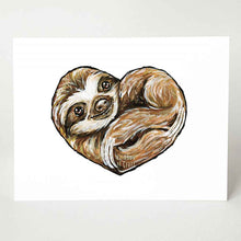 Load image into Gallery viewer, A greeting card featuring art of a smiling sloth, curled up in the shape of a heart.
