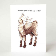 Load image into Gallery viewer, A greeting card with an illustration of a white and brown llama, with a baby llama curled up on its back. The card reads, "Mama, you're llama-rrific!"
