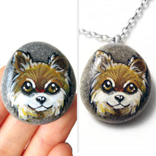 Load image into Gallery viewer, hand painted with a dog portrait of a brown and white chihuahua, available as a keepsake, magnet, or neckalce
