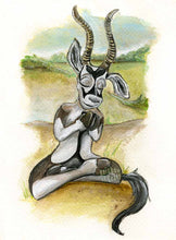 Load image into Gallery viewer, Illustration of oryx sitting upright outside. Legs crossed, palms together, eyes closed. They are calm and relaxed.

