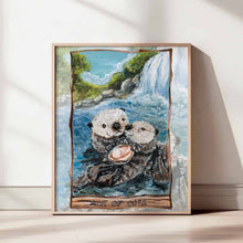 Load image into Gallery viewer, An art print featuring the ace of cups from the animism tarot. Two otters swim together at the base of a waterfall, sharing a clam between them
