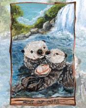 Load image into Gallery viewer, An art print featuring the ace of cups from the animism tarot. Two otters swim together at the base of a waterfall, sharing a clam between them
