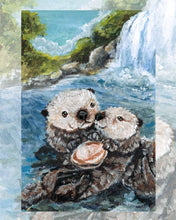 Load image into Gallery viewer, An art print featuring the ace of cups from the animism tarot. Two otters swim together at the base of a waterfall, sharing a clam between them
