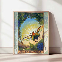 Load image into Gallery viewer, The Ace of Pentacles from the Animism Tarot: a rainbow coloured scarab beetle flies off fr a tree with the sun shining from behind.
