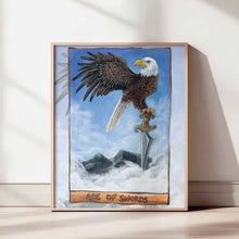 Load image into Gallery viewer, an art print of the ace of swords card from the Animism tarot: an eagle perches on a sword, above the clouds and mountains
