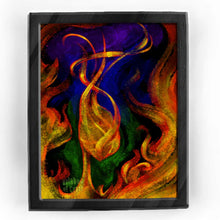 Load image into Gallery viewer, an surreal illustration of a figure's head and neck, made out of fire. long flames swirl from the head, high into the sky. flames also crawl up the sides of the picture. the background starts off purple at the top, blue in the middle, and green on the bottom. 
