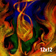 Load image into Gallery viewer, an surreal illustration of a figure's head and neck, made out of fire. long flames swirl from the head, high into the sky. flames also crawl up the sides of the picture. the background starts off purple at the top, blue in the middle, and green on the bottom. 
