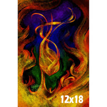Load image into Gallery viewer, an surreal illustration of a figure's head and neck, made out of fire. long flames swirl from the head, high into the sky. flames also crawl up the sides of the picture. the background starts off purple at the top, blue in the middle, and green on the bottom. 
