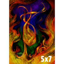 Load image into Gallery viewer, an surreal illustration of a figure's head and neck, made out of fire. long flames swirl from the head, high into the sky. flames also crawl up the sides of the picture. the background starts off purple at the top, blue in the middle, and green on the bottom. 
