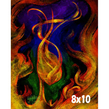 Load image into Gallery viewer, an surreal illustration of a figure's head and neck, made out of fire. long flames swirl from the head, high into the sky. flames also crawl up the sides of the picture. the background starts off purple at the top, blue in the middle, and green on the bottom. 
