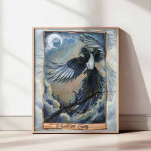 Load image into Gallery viewer, An art print of the Eight of Cups from the Animism Tarot, which features a magpie rising from a tree branch and leaving its home for the last time.
