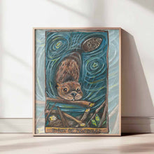 Load image into Gallery viewer, an art print of the right of pentacles card from the Animism Tarot deck. a beaver swims towards its dam with a branch in its mouth.
