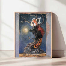 Load image into Gallery viewer, An art print of The Hermit, from the Animism Tarot, which features a red panda on a tree, with one paw reaching out to a bright firefly

