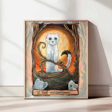 Load image into Gallery viewer, An art print of the Hierophant card from the Animism Tarot. It features a white stoat (weasel or ferret) standing in front of the sun, while other stoats look up.
