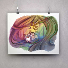 Load image into Gallery viewer, An colourful art print featuring characters from Rainbow of Crazy Comics: two cats (a ragdoll, and a tabby) cuddle together under two large trees. A fence is in the distance.
