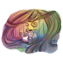Load image into Gallery viewer, An colourful art print featuring characters from Rainbow of Crazy Comics: two cats (a ragdoll, and a tabby) cuddle together under two large trees. A fence is in the distance.
