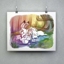 Load image into Gallery viewer, An art print featuring characters from Rainbow of Crazy Comics: three rabbits enjoy their books while sharing a blanket near a large tree. A fence is in the distance. An English spot rabbit reads a novel. A mini lop rabbit listens to an audiobook, and a white rabbit reads a manga.
