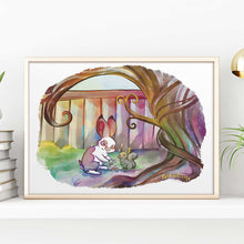 Load image into Gallery viewer, Illustration of a English spot rabbit dropping nuts and seeds for a waiting squirrel. A giant curving tree is in the foreground, and a fence is in the background.
