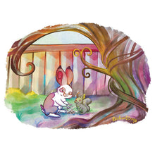Load image into Gallery viewer, Illustration of a English spot rabbit dropping nuts and seeds for a waiting squirrel. A giant curving tree is in the foreground, and a fence is in the background.
