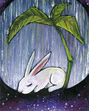 Load image into Gallery viewer, an art print featuring an illustration fo a white rabbit resting under a giant plant, under the rain. with a galaxy of stars below.
