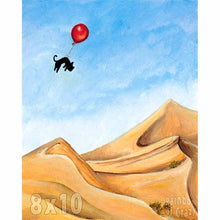 Load image into Gallery viewer, An art print with an illustration of a black cat floating with a red balloon, soaring over the Saraha desert

