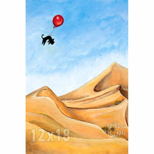 Load image into Gallery viewer, An art print with an illustration of a black cat floating with a red balloon, soaring over the Saraha desert

