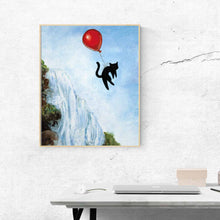 Load image into Gallery viewer, an illustration of a black cat with a red balloon tied to is waist, floating through the blue eyes, over a waterfall. this piece is available as an art print
