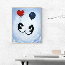 Load image into Gallery viewer, An art print featuring an illustration of two black cats, floating in the sky, one with a red heart balloon, the other with a navy blue balloon, tails intertwined.

