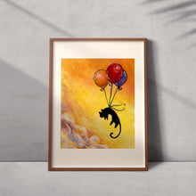 Load image into Gallery viewer, artwork of a black cat silhouette with colorful balloons against an orange sky.
