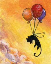 Load image into Gallery viewer, artwork of a black cat silhouette with colorful balloons against an orange sky.
