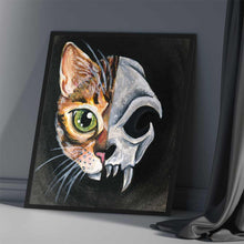 Load image into Gallery viewer, an art print, with an illustration of a portrait split into two halves: the left side features a bengal cat's face, and the right side features an evil looking cat skull
