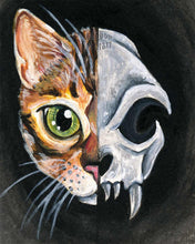 Load image into Gallery viewer, an art print, with an illustration of a portrait split into two halves: the left side features a bengal cat's face, and the right side features an evil looking cat skull
