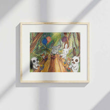 Load image into Gallery viewer, art print featuring animals at a table with cupcakes, in a forest. animals include a chinchilla, two hamsters and three rabbits 
