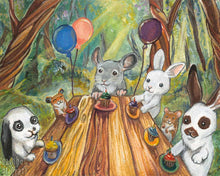 Load image into Gallery viewer, art print featuring animals at a table with cupcakes, in a forest. animals include a chinchilla, two hamsters and three rabbits 

