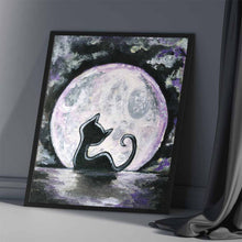 Load image into Gallery viewer, Art print featuring the silhouette of a black cat against a full moon in a black sky
