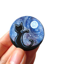 Load image into Gallery viewer, wood keepsake hand painted with a black cat against a starry sky with the full moon
