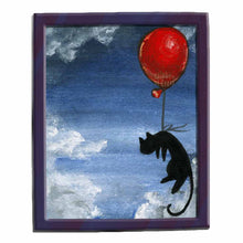 Load image into Gallery viewer, illustration features a black cat floating through the cloudy, dark blue sky, tethered to a vibrant red balloon. available as an art print
