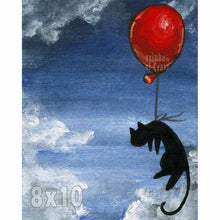 Load image into Gallery viewer, illustration features a black cat floating through the cloudy, dark blue sky, tethered to a vibrant red balloon. available as an art print
