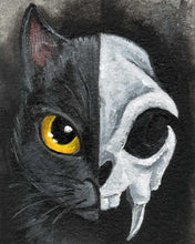 Load image into Gallery viewer, An art print split in half: the left side shows one side of a black cat's face, with a yellow eye, and the right side shows a stylized cat skull
