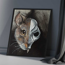 Load image into Gallery viewer, an illustration split into two sides: it features half of a brown rat's face on the left side, and a rat skull on the right side
