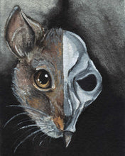 Load image into Gallery viewer, an illustration split into two sides: it features half of a brown rat's face on the left side, and a rat skull on the right side

