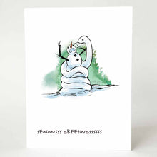 Load image into Gallery viewer, a greeting card that says "seasonsss greetingssssss" and features an illustration of a snowman, arms up, appearing to be screaming, as a giant snake (made out of snow) is wrapped around the snowman.
