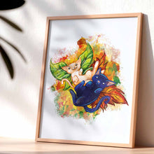 Load image into Gallery viewer, an art print featuring an illustration of a white and black cat, each with fairy wings made out of leaves, lying on top of a big pile of leaves.
