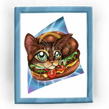 Load image into Gallery viewer, illustration of a brown cat painted as a burger
