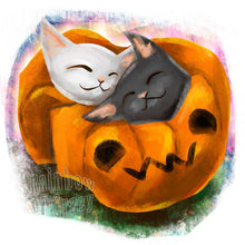 Load image into Gallery viewer, an art print featuring an illustration of a black cat and white cat napping together in a blanket shaped like a jack o'lantern
