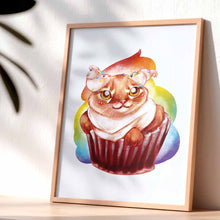 Load image into Gallery viewer, art print of a cat painted as a red velvet cupcake with rainbow sprinkles
