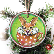Load image into Gallery viewer, a tree ornament, hand painted with a chihuahua sitting in a mug of hot chocolate and marshmallows.
