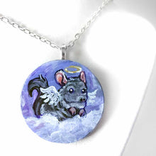Load image into Gallery viewer, Small lightweight wood disc, hand painted with a portrait of a chinchilla as an angel, with halo and wings, sitting on clouds against a purple sky
